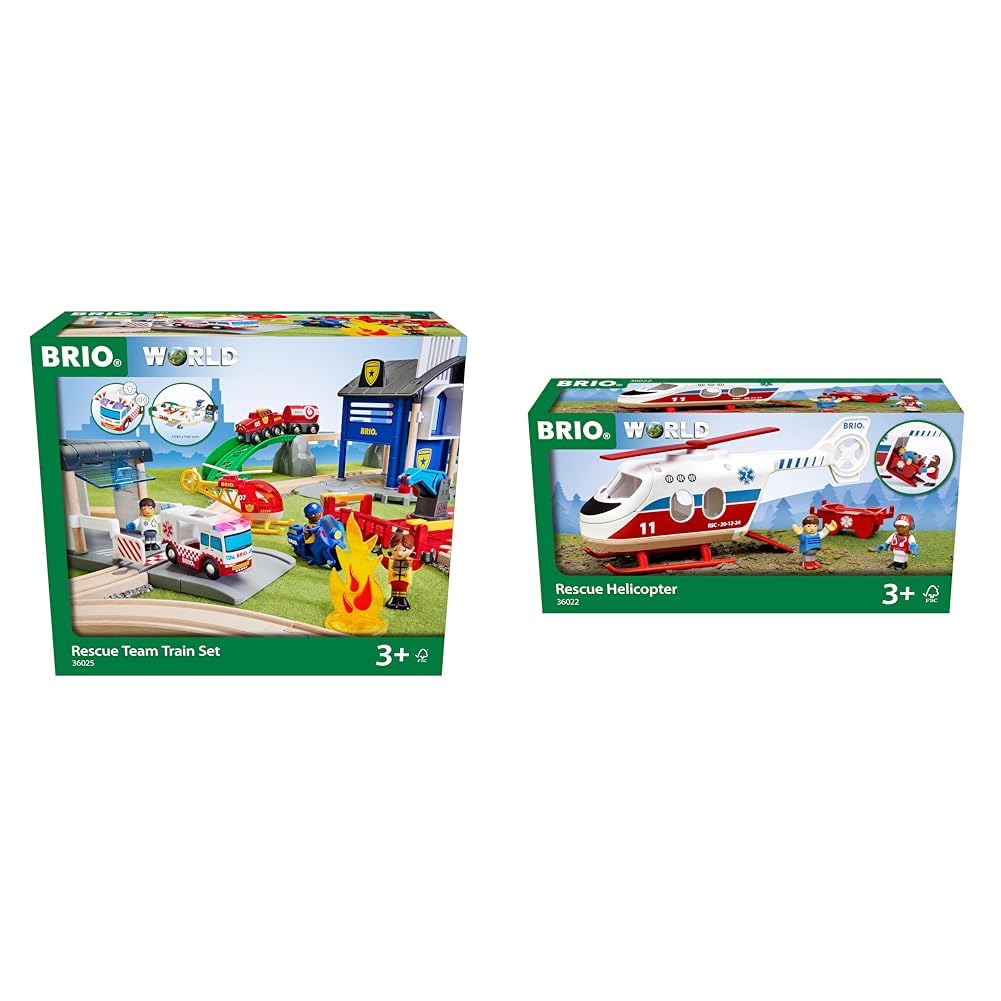 BRIO World 36025 Polizei und Feuerwehr Set Deluxe & 36022 - Rettungshubschrauber - Empfohlen für Kin