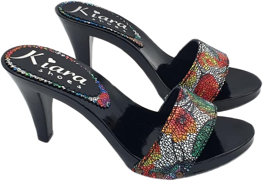 Kiara Shoes SCHWARZE Holzschuhe mit verziertem Lederobermaterial - 9 cm Absatz - K6503 PIC NERO (40