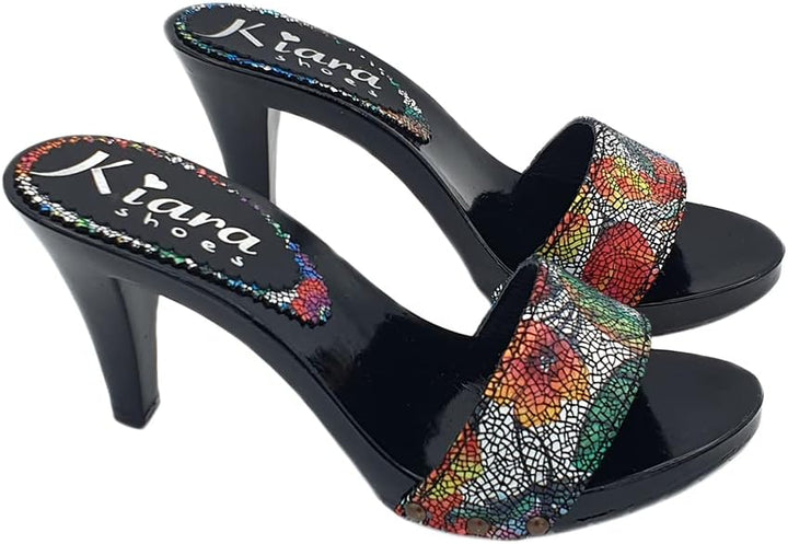 Kiara Shoes SCHWARZE Holzschuhe mit verziertem Lederobermaterial - 9 cm Absatz - K6503 PIC NERO (40