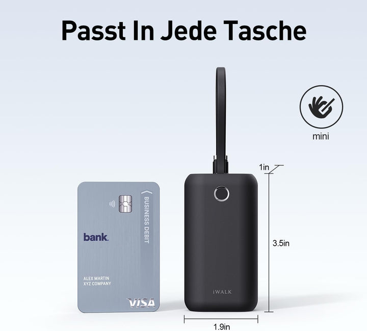iWALK Mini Tragbares Ladegerät 10000 mAh, 22,5W USB-C Powerbank mit integriertem Kabel, Ultra-kompak