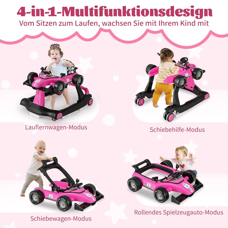 DREAMADE Lauflernhilfe, 4 in 1 Autoförmiger Lauflernwagen mit einstellbarer Geschwindigkeit, Musik &