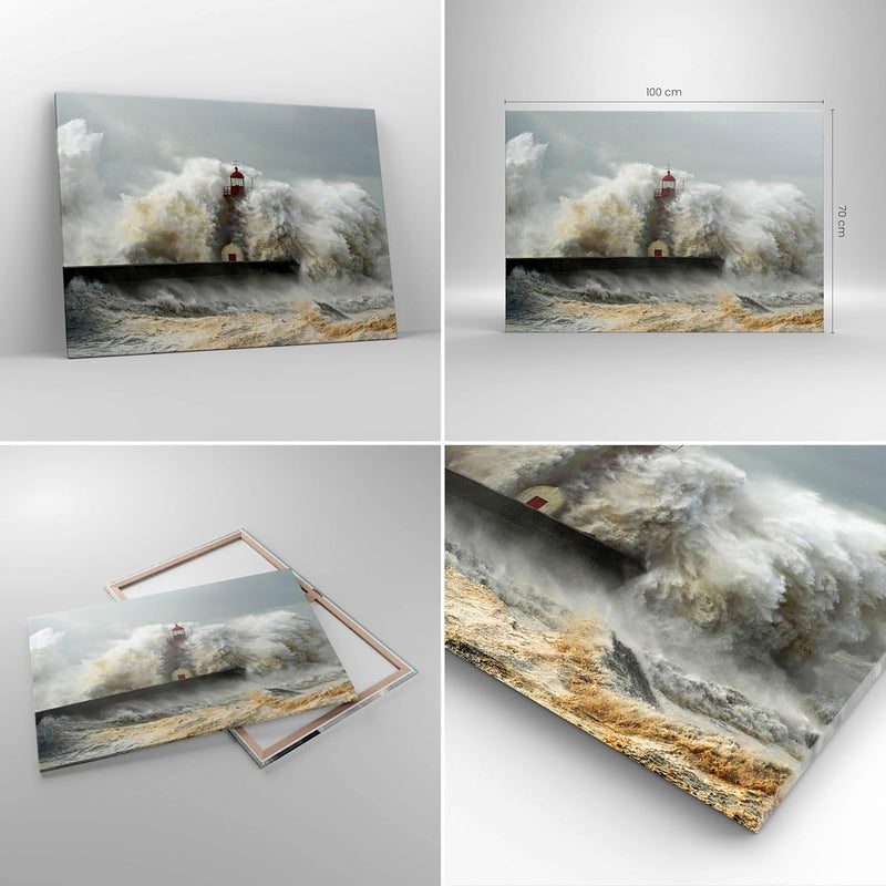 ARTTOR Bilder auf Leinwand 100x70cm Leinwandbild Leuchtturm Ozean Sturm Gross Wanddeko Bild Schlafzi