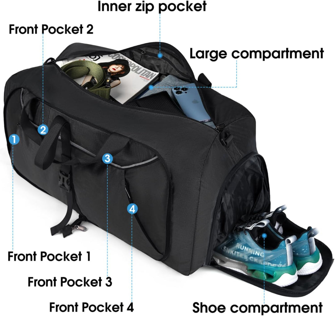 Faltbare Reisetasche 65L 80L 100L Grosse Leichte Sporttasche mit Schuhfach für Herren Damen Weekende