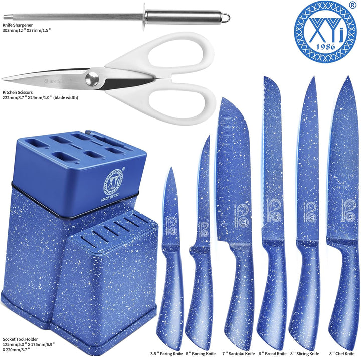 XYJ Authentic Since 1986, Kitchen Knife Block Set, Stainless Steel Knives Set With Knife Holder, Blu