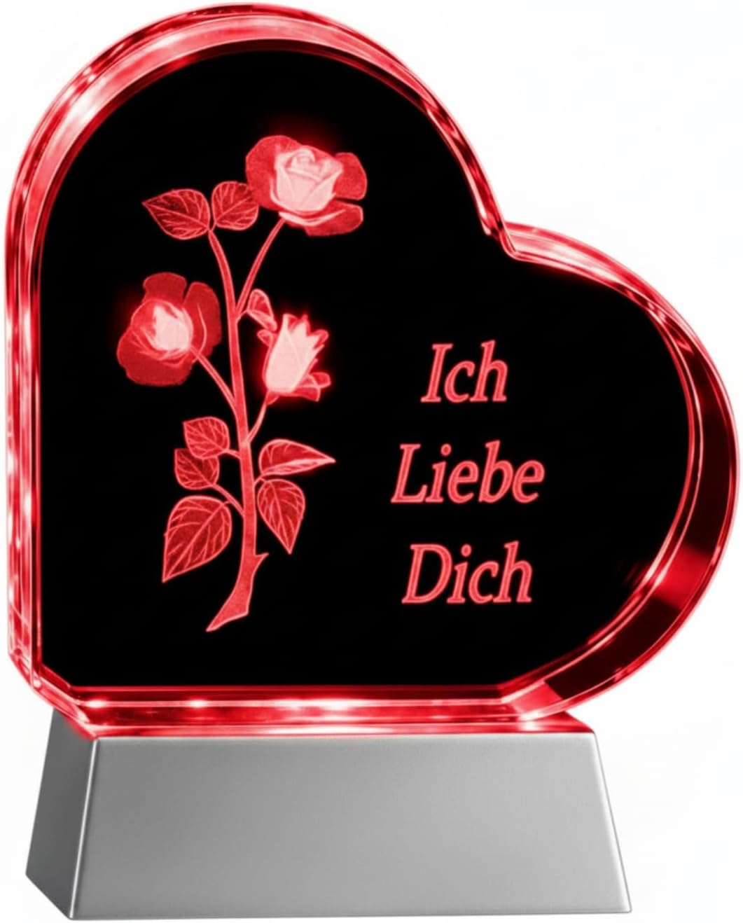 Kaltner Präsente Geschenkidee – Herz aus Glas: Kristallglas mit 3D-Laser-Gravur Rose - Ich Liebe Dic