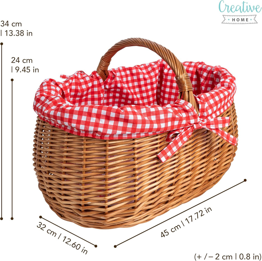 Creative Home Grosser Picknickkorb mit rot karierter Stoffeinlage | Weidenkorb mit Henkel | Einkaufs