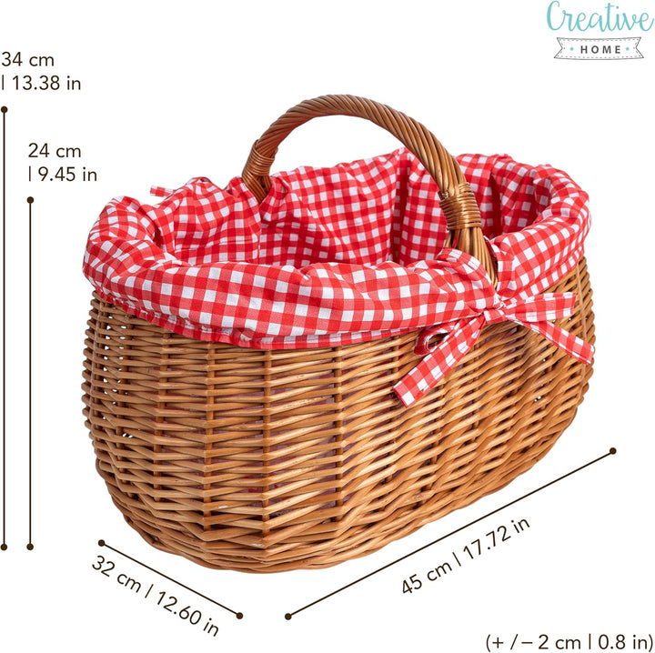 Creative Home Grosser Picknickkorb mit rot karierter Stoffeinlage | Weidenkorb mit Henkel | Einkaufs