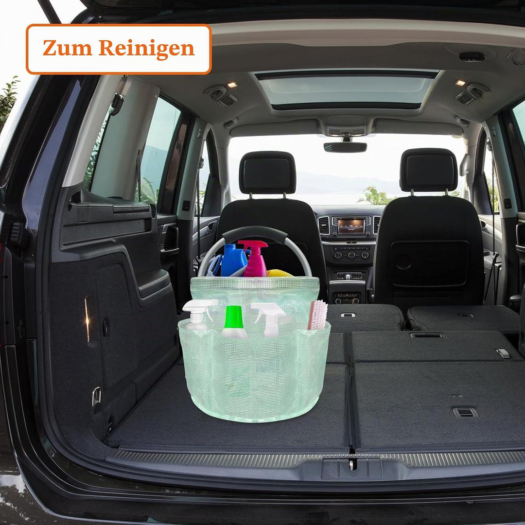 17L Einkaufskorb Faltbar, Strandtasche mit Henkel und 6 Taschen, Tragbarer Putzmittel Organizer aus
