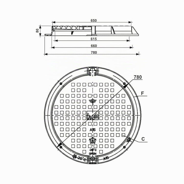 Varile 780mm Schachtabdeckung, Gullydeckel aus Kunststoff belastbar bis 1,5 t Schwarz, Schwarz