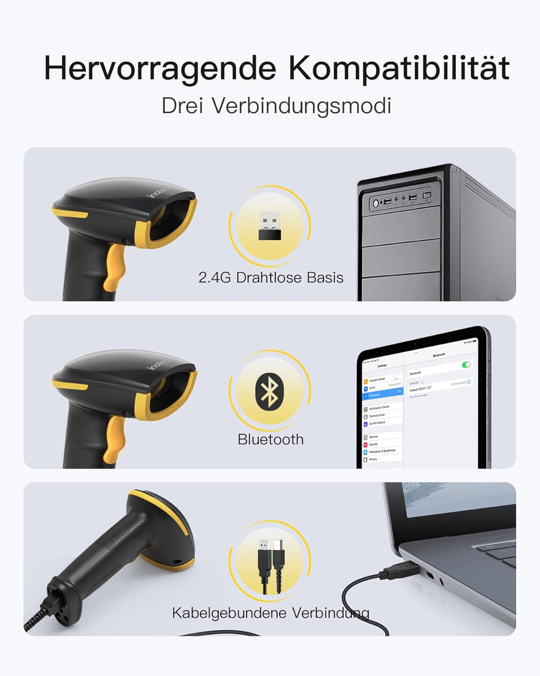 Inateck Barcode Scanner Kabellos, 1D 2D QR Code Scanner, 3-in-1 Handscanner mit Bluetooth, 2,4 GHz u
