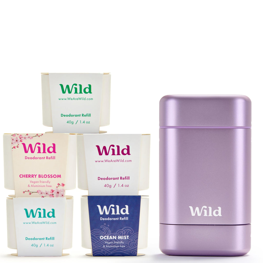 Wild - Das Komplette Starter-Set - Lilafarbener Deobehälter mit 5 x 40g Nachfüllpacks in verschieden