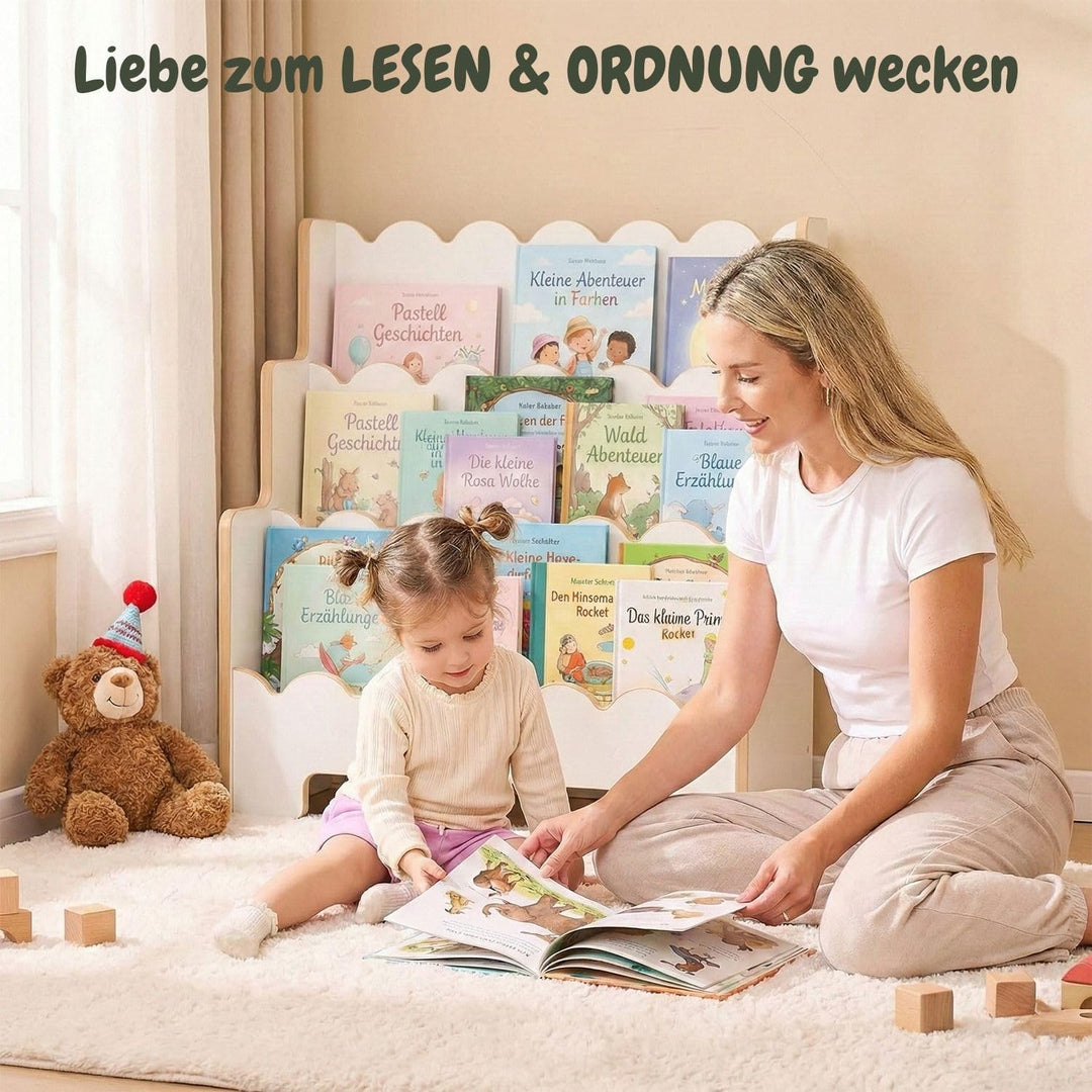 Montessori Kinderregal Weiss – Stabiles Bücherregal für Kinder – Regal für Spielzeug und Bücher – Er