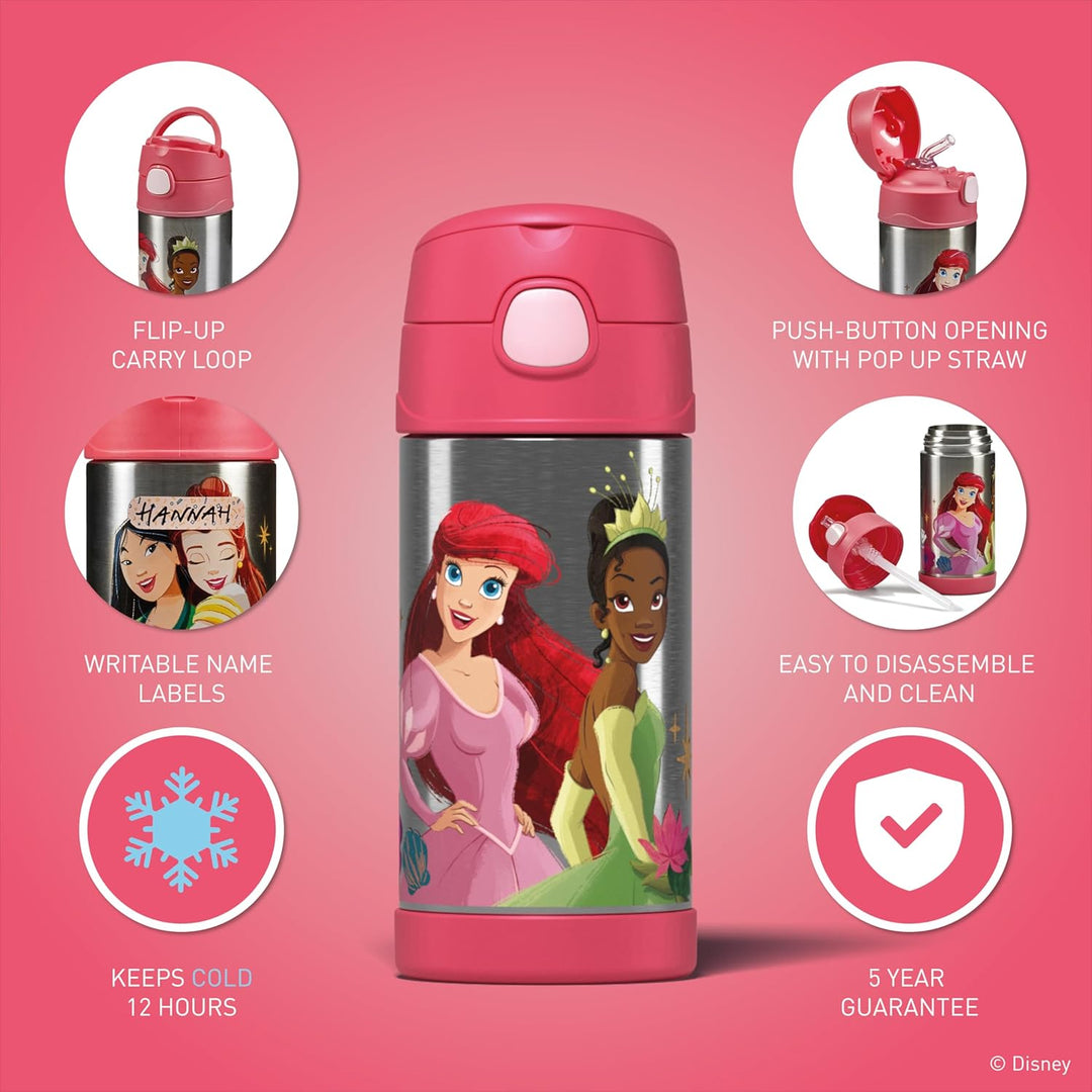 Thermos kids FUNTAINER STRAW BOTTLE DISNEY 0,35 l, Princesses, Thermoflasche Kinder aus Edelstahl mi