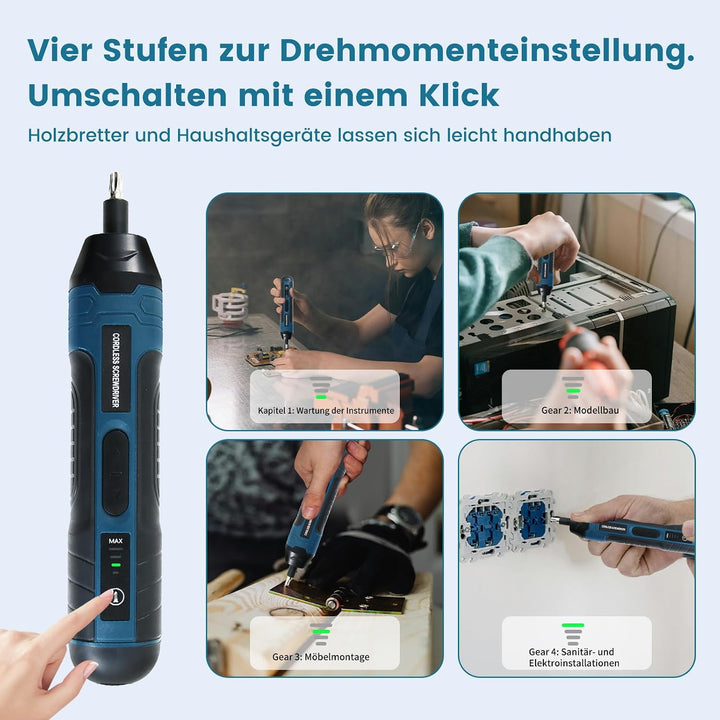 Mini Akkuschrauber 105 in 1, 4V Akku Schraubendreher, Elektrischer Schraubendreher, mit 4-Gang-Drehm