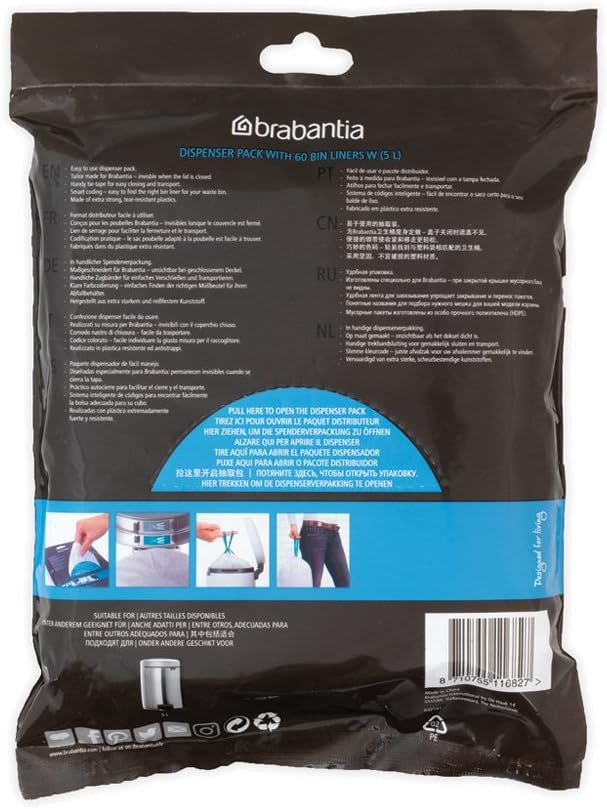 Brabantia 116827 Spenderpackung PerfectFit Müllbeutel Code W, 5 L, 60 Stück 29.5 x 34 cm, Weiss 1 st