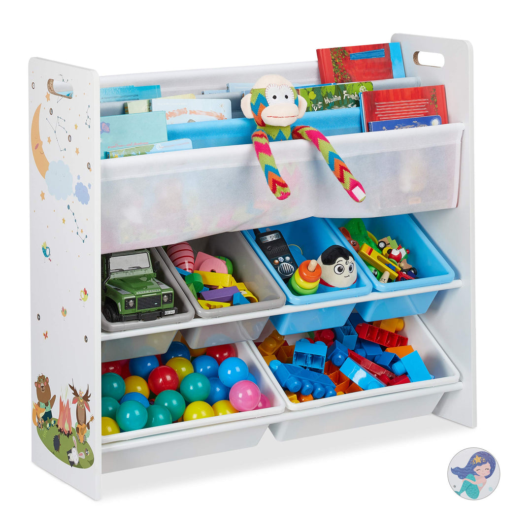 Relaxdays Kinderregal, 6 Boxen, 4 Stofffächer, Lagerfeuer Kindermotiv, Spielzeugregal HxBxT: 78 x 86