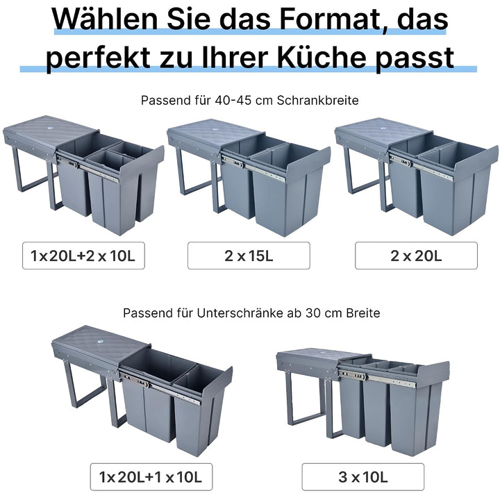 Einbaumülleimer ausziehbar Mülltrennsystem, Stahlrahmen, 20L+2x10L Grau 20L+2x10L, Grau 20L+2x10L