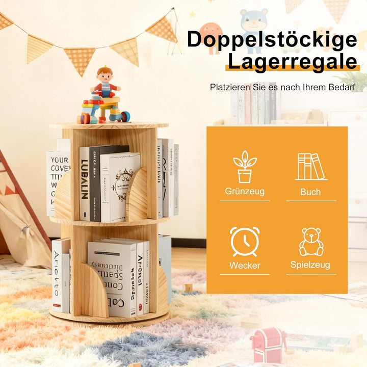 Mingone Bücherregal Kinder 360° Drehbar, 2-Ebenen Drehregal aus Massivholz, Standregal & Schreibtisc