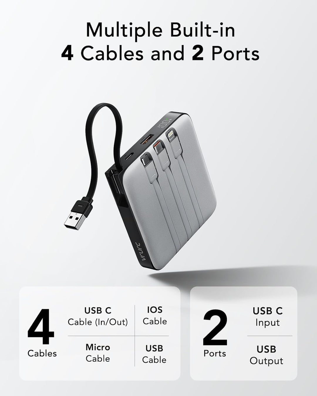 VRURC Powerbank 20000mAh mit Kabel Klein Power Bank USB C Schnelles Aufladen Tragbares Ladegerät Ext