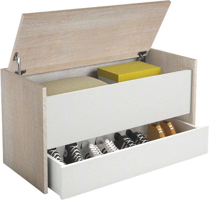 Dmora - Truhenbank Lantana, Moderne Eingangsmöbel mit Schuhregal, Koffertruhe mit zwei Behältern, 10