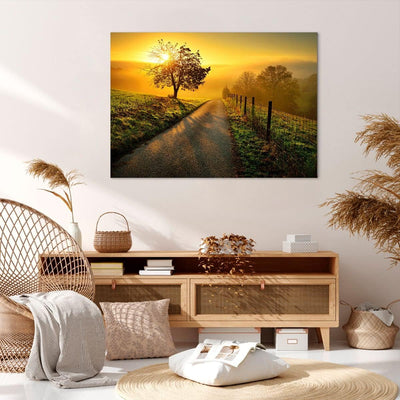 Bilder auf Leinwand 100x70cm Leinwandbild mit Rahmen Feld Strasse Baum Gross Wanddeko Bild Schlafzim