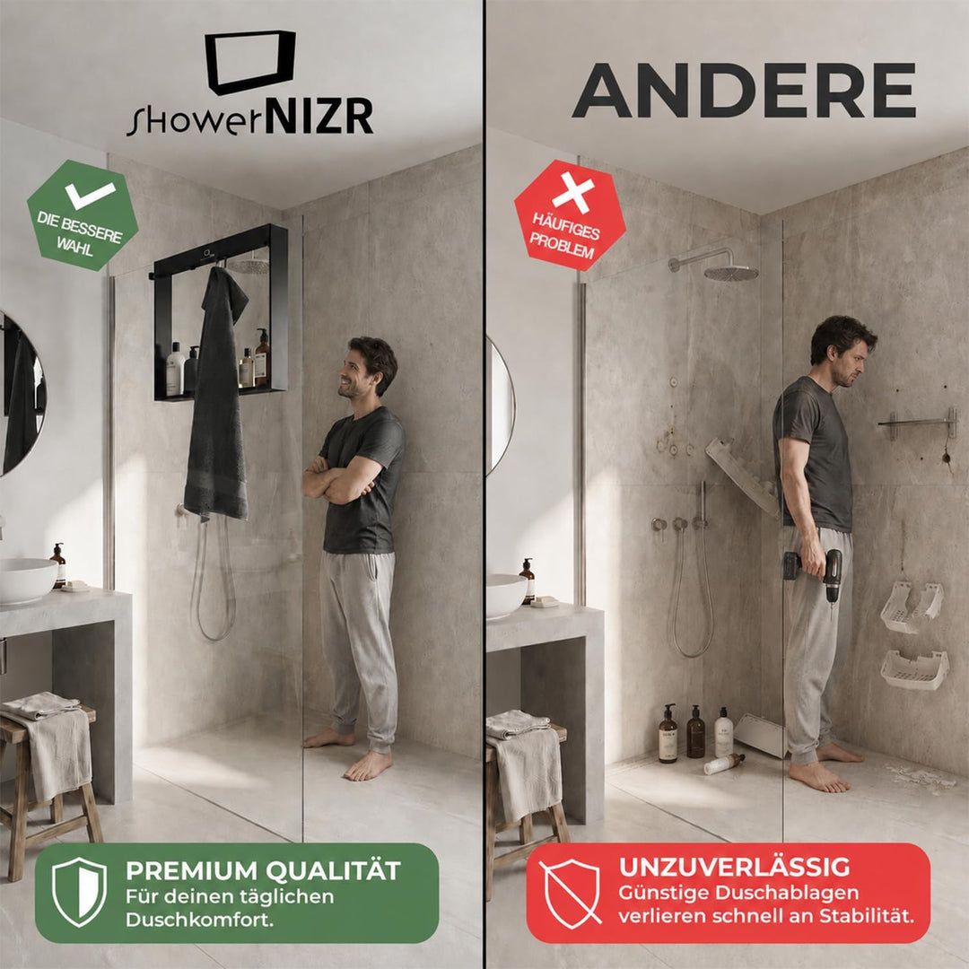 ShowerNIZR Duschregal Schwarz - Duschablage ohne Bohren für Duschwand zum Hängen aus Edelstahl mit 4