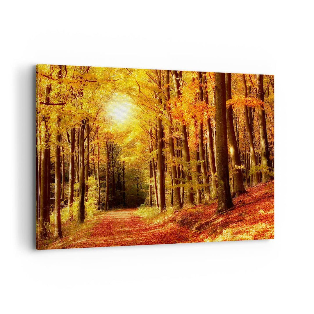 Bilder auf Leinwand 100x70cm Leinwandbild mit Rahmen Pfad Blätter Wald Gross Wanddeko Bild Schlafzim