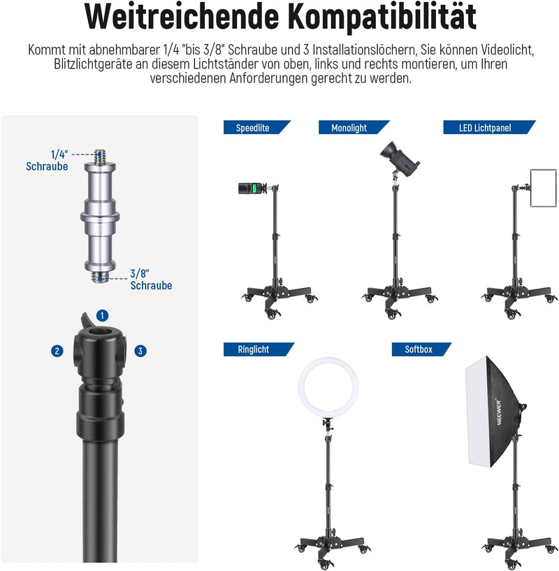 NEEWER 2er Pack Schwerlast Lichtstativ mit Rollen, 2,4Fuss max. Höhe, Faltbarer Stativständer für Au