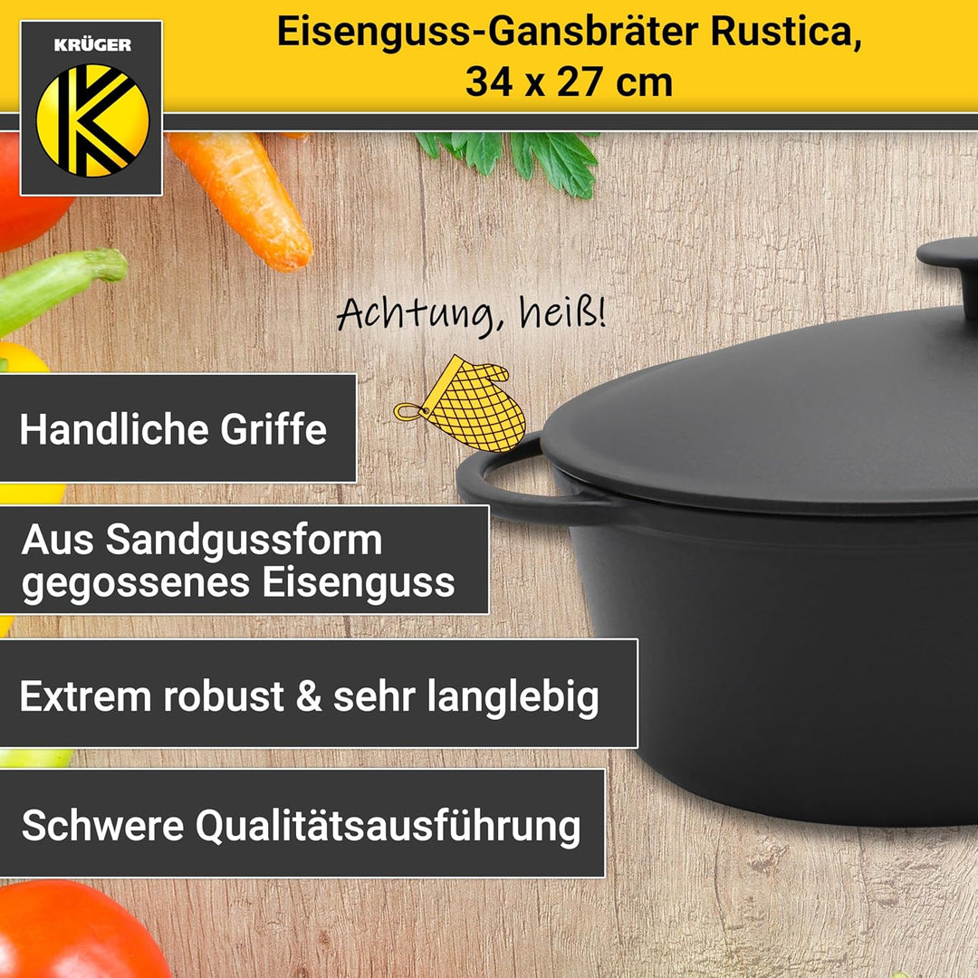 Krüger Gusseisen Gansbräter mit Deckel - emailliert - hohe Hitzebeständigkeit und sehr gute Wärmespe