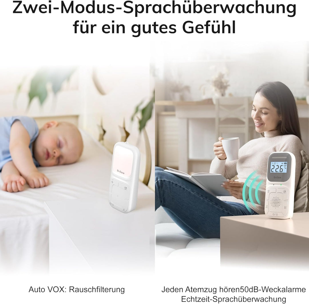 Dr.Care NeoGo Audio Baby Monitor – Vorgepaart, Gegensprechfunktion, VOX, Nachtlicht, Schlaflieder, V