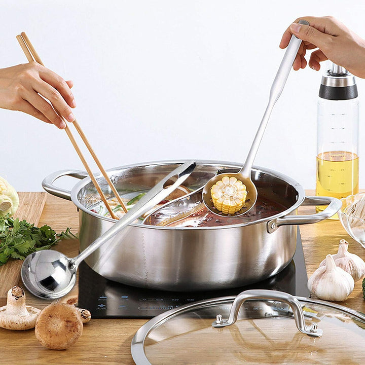 Hot Pot, 28cm/32cm Doppelte Trennung Shabu Shabu Edelstahl Glasdeckel Feuertopf mit 2 Kammern Mandar