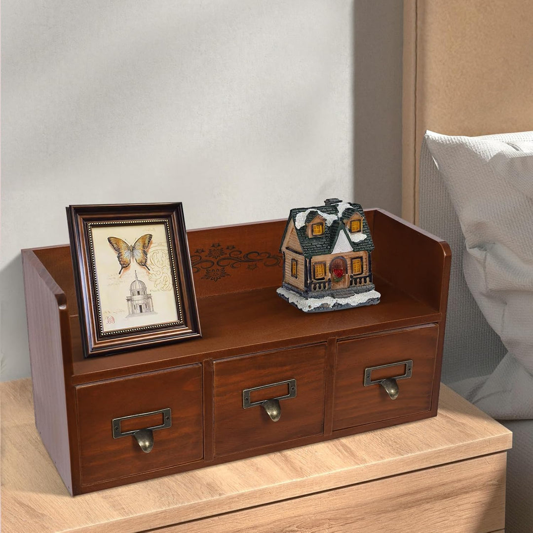 Vintage Desktop Schubladenbox Holz mit 3 Schubladen, Apothekerschrank Schmuckkästchen Holzkästchen H