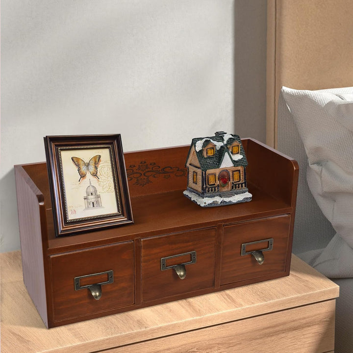 Vintage Desktop Schubladenbox Holz mit 3 Schubladen, Apothekerschrank Schmuckkästchen Holzkästchen H