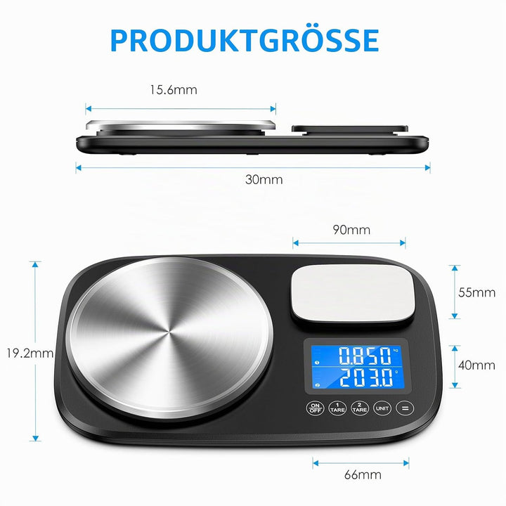 Brifit Küchenwaage mit Dualer Plattform, 10Kg /1g und 1Kg/0,1g，Digitalwaage mit 7 Einheiten, Tara Fu