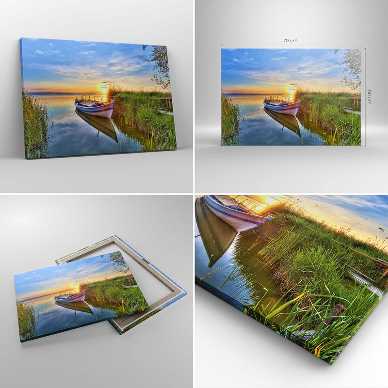 Bilder auf Leinwand See Boot Wasser Leinwandbild mit Rahmen 70x50cm Wandbilder Dekoration Wohnzimmer