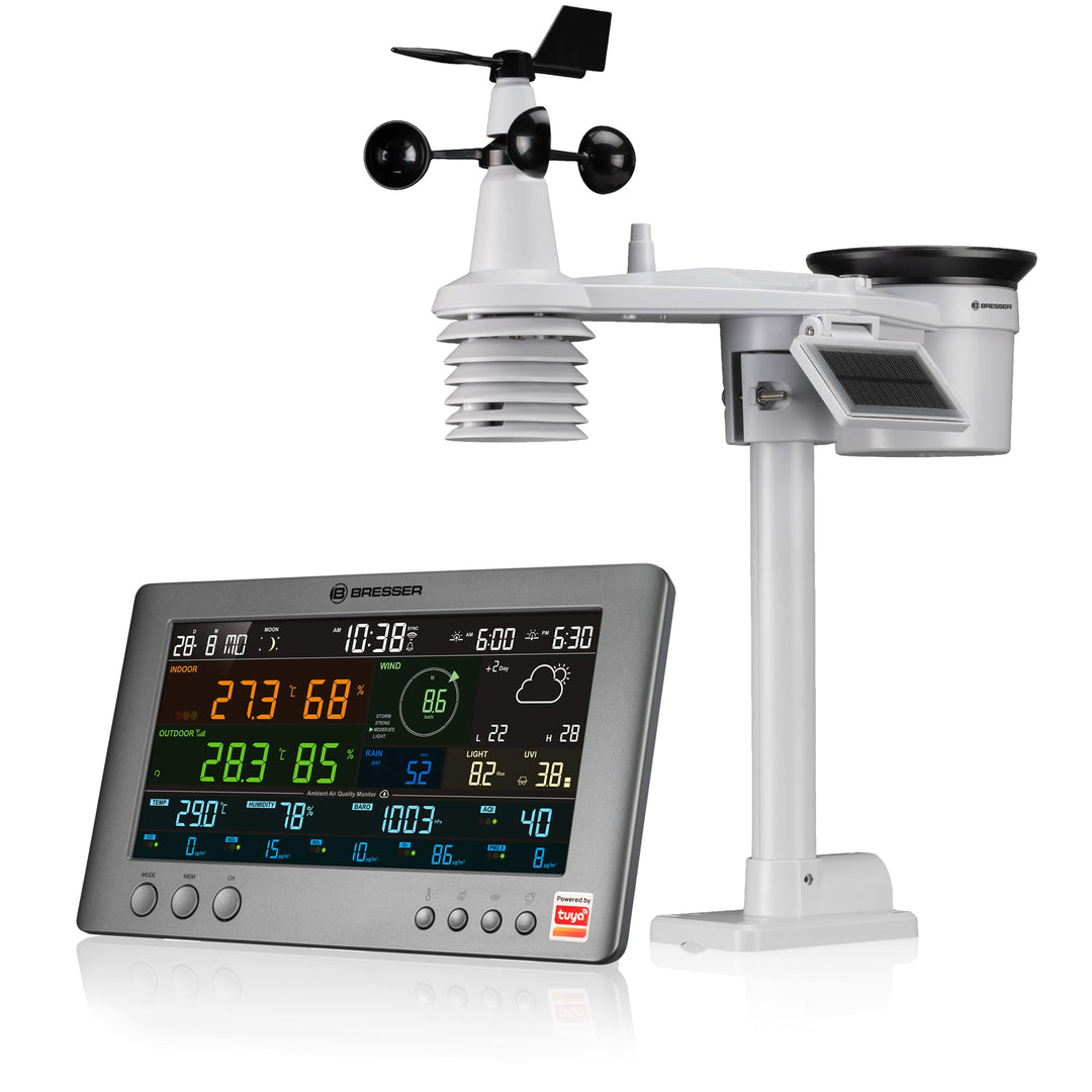 Bresser Smarte Tuya Profi-Wetterstation mit 7-in-1-Sensor, Luftqualitätsmonitor, Solar & App-Steueru