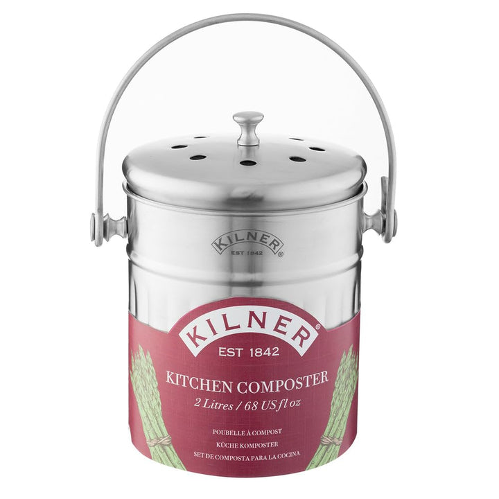 Kilner Küchen Komposter Edelstahl | 2 Liter Biomülleimer Küche | 17,5x14,5x20 cm | Deckel mit Luftlö