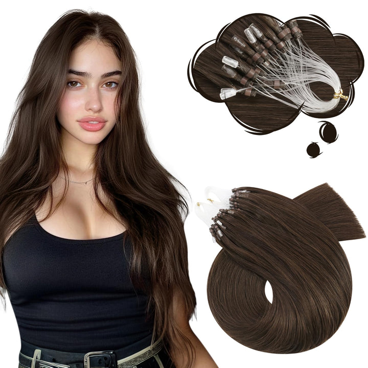 Moresoo Microring Extensions Echthaar Braun 55 cm Haarverlängerung Echthaar Microring Dunkelbraun Un