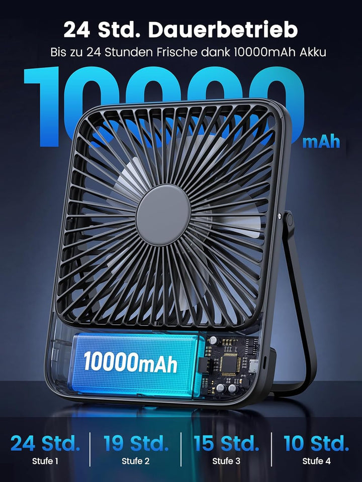 Warmco 10000mAh Tragbarer Akku Ventilator, 21cm Personal Tischventilatoren, Ultra-Leise Ultraflach m