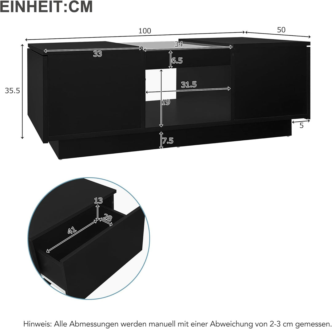 Merax Couchtisch LED Hochglanz, Mitteltisch Teetisch für Wohnzimmer, Schwarz Wohnzimmertisch mit 2 S
