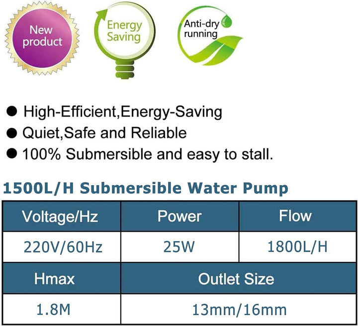 LNIDEAS Aquarium Tauchpumpe, 1800L/H 25W Aquariumpumpe,Sehr Leise Wasserpumpe mit einstellbarem Scha
