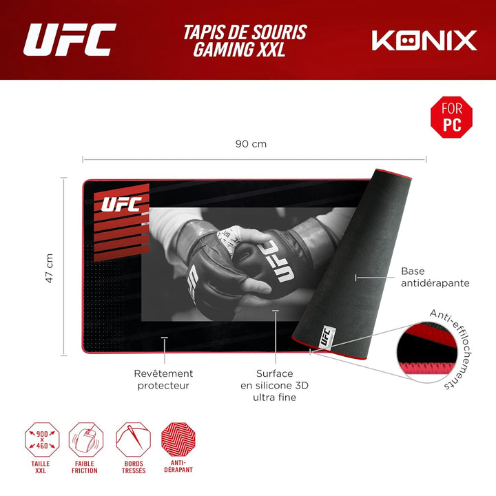 Konix UFC XXL-Gaming-Mauspad 90 x 46 cm - Rutschfeste Gummibasis - Schwarz und Rot UFC Schwarz und R