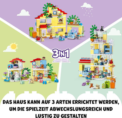 LEGO DUPLO 3-in-1-Familienhaus, Puppenhaus aus Bausteinen mit Push&Go Auto, 5 Figuren, 2 Tieren und