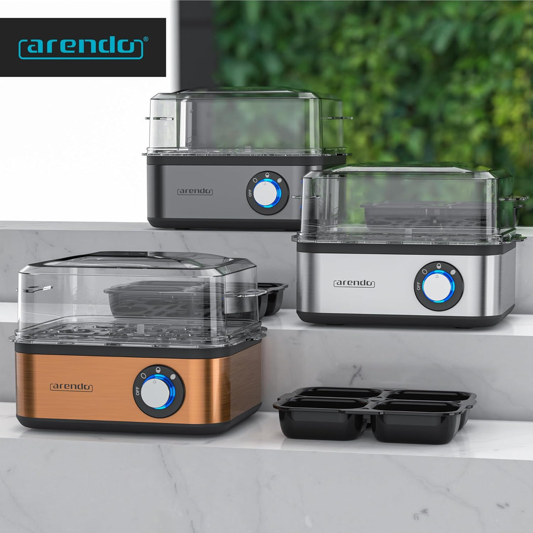 Arendo - Eierkocher Edelstahl für 1 bis 8 Eier - Egg Cooker - 500 W – Kontroll Leuchte – Drehregler