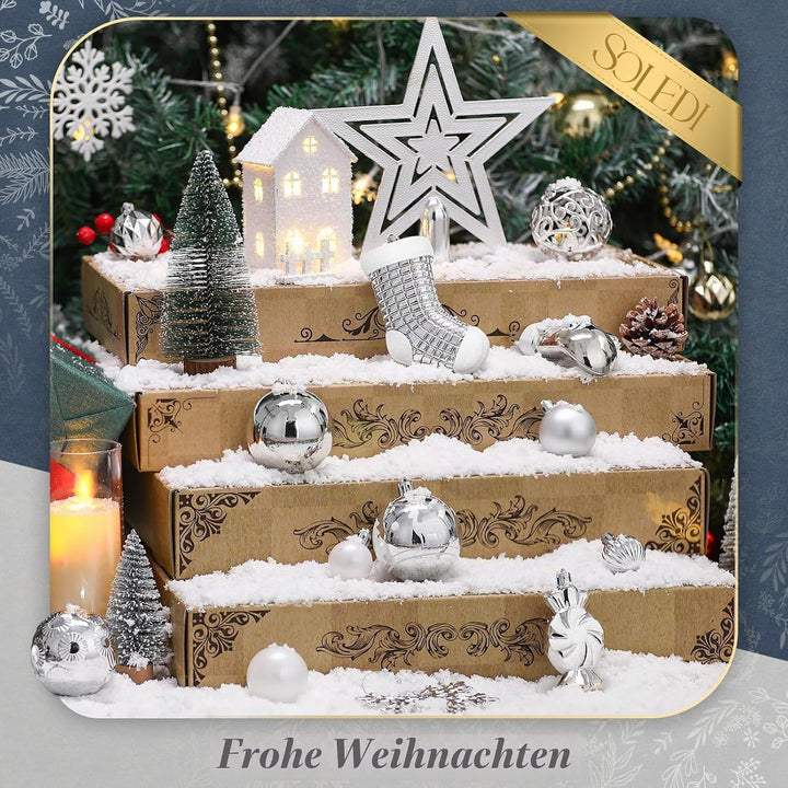 SOLEDI® 128er Set Premium Weihnachtskugeln Kunststoff Silber Weiss mit Baumspitze Stern - Robuste un