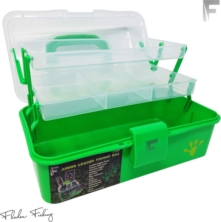 FLADEN Angelkasten für Kinder, mit Flussgeladen, 2 Fächern, 28 cm x 17 cm x 13 cm, Grün, Grün