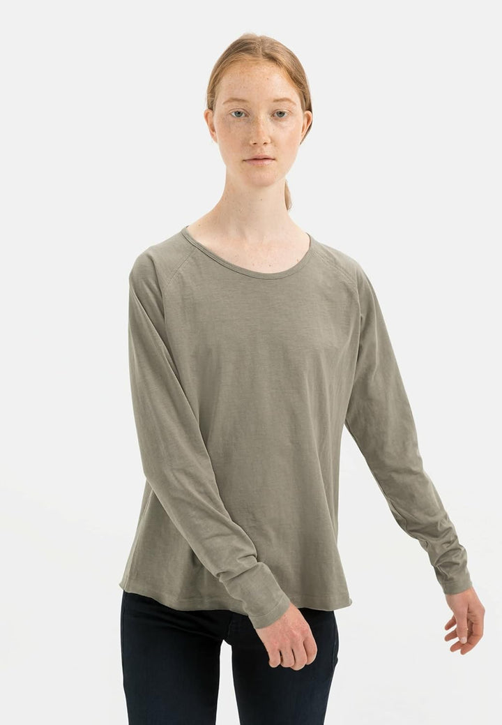 camel active Damen Basic Langarm T-Shirt mit Rundhalsausschnitt aus Reiner Baumwolle, XS Khaki