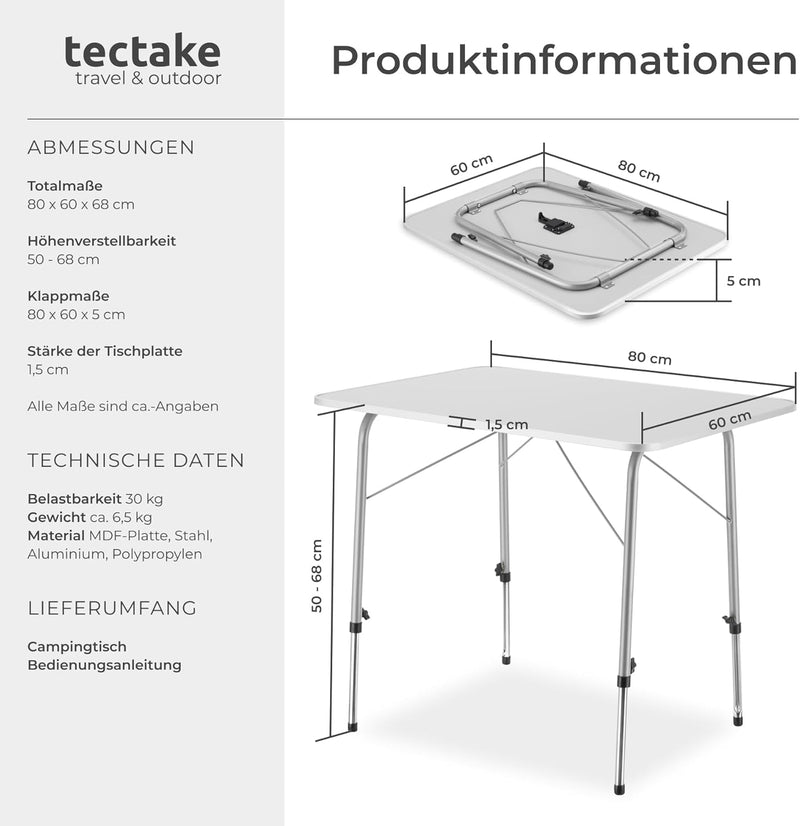 tectake® Campingtisch, Gartentisch klappbar, Klapptisch höhenverstellbar, verstellbare Teleskopbeine