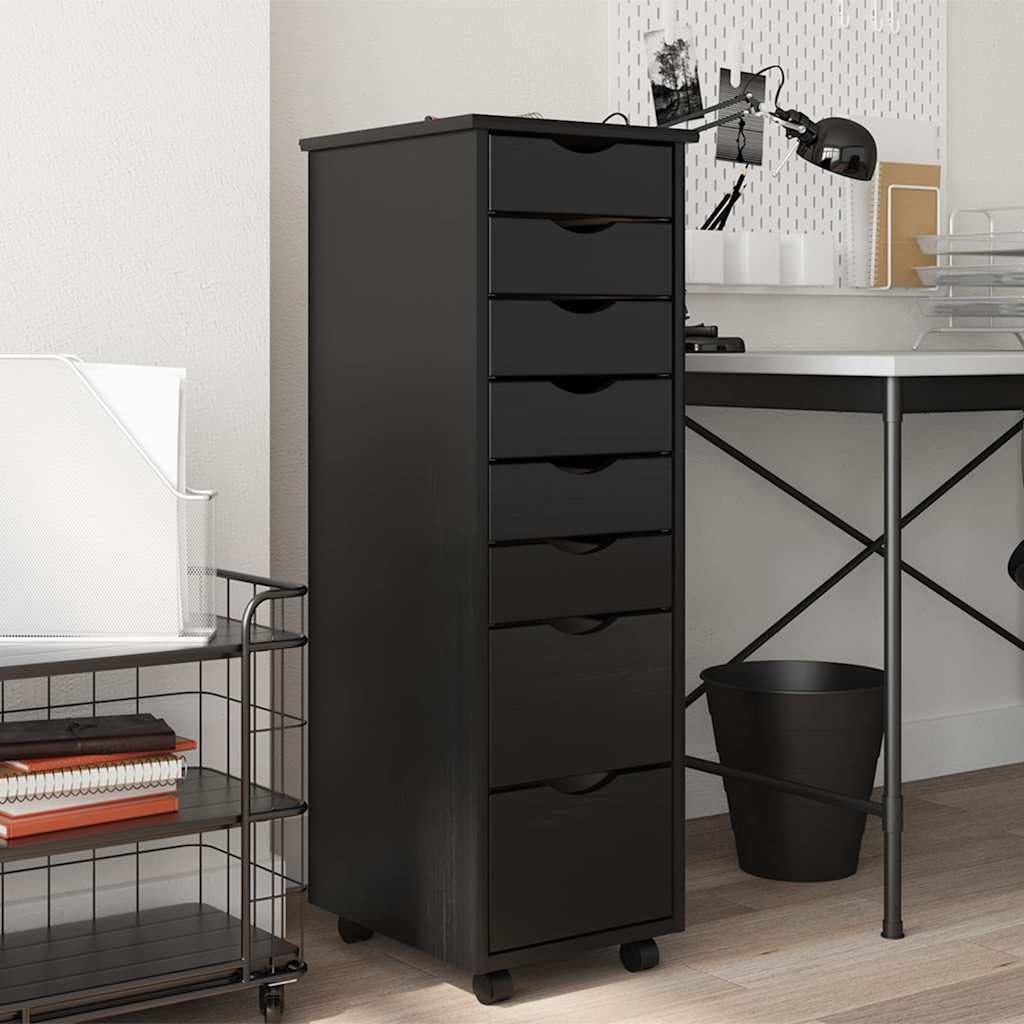 vidaXL Rollschrank mit Schubladen Moss Schwarz Massivholz Kiefer Schwarz 34 x 39 x 103 cm, Schwarz 3