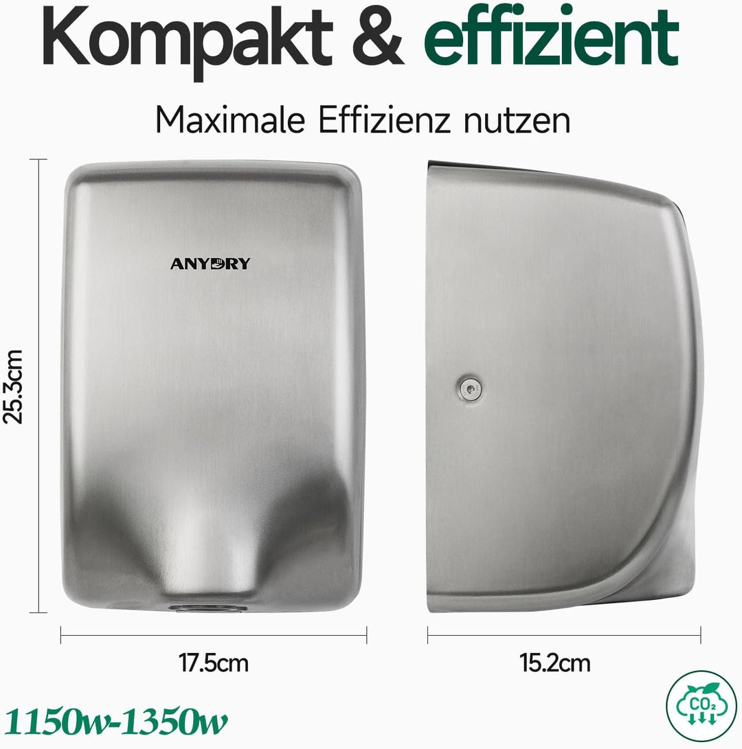 anydry 2803Y Mini-Händetrockner, Hochgeschwindigkeits-Luftstrom 1350W, Edelstahl-Gestrahlte Oberfläc